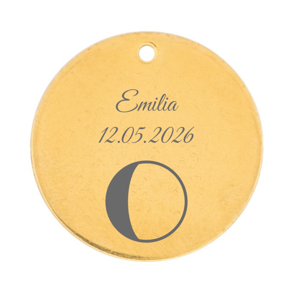 Runder Gravuranhänger mit Name Emilia, Datum 12.05.2026 und der Mondphase abnehmende Sichel