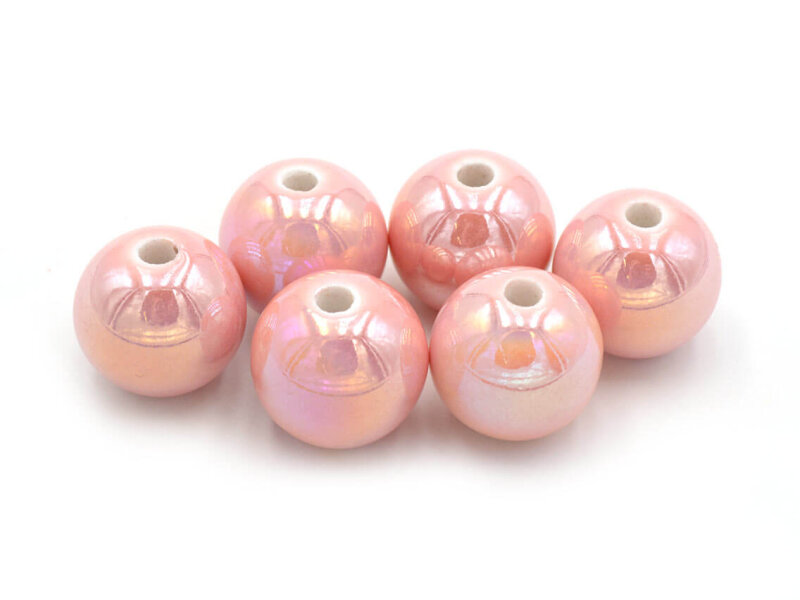 Porzellanperlen im holographic Design in rosa 15 mm 6 Stück