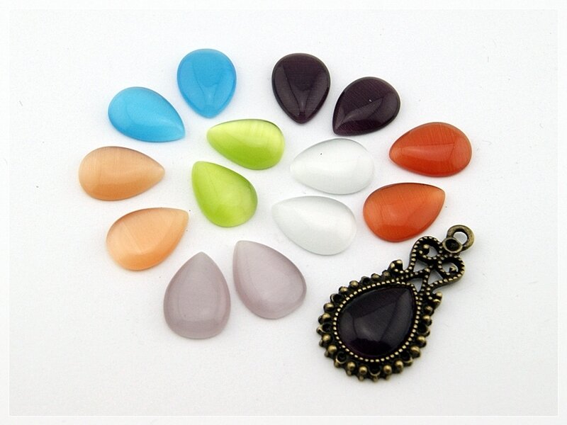 8 Cabochons 10 x14 mm Cateyeglas Tropfen bunt