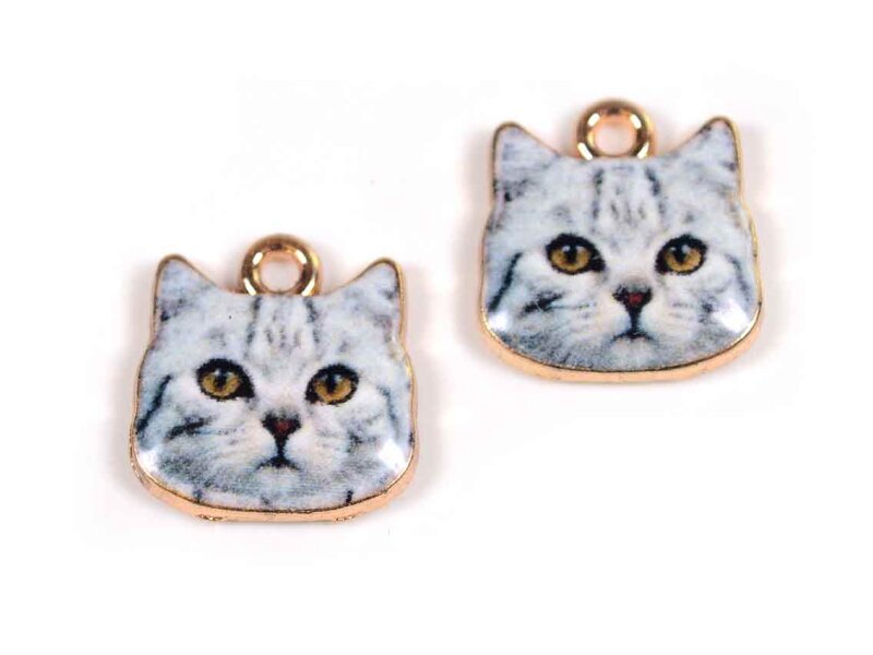 Emaille Anhänger graue Katze in lightgoldfarben 2 Stück