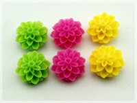 6 Cabochon Blume im  Set in pink, gelb und grün, 15 mm