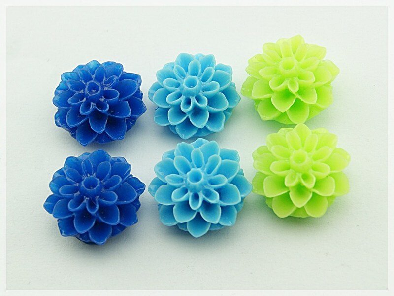 6 Cabochon Blumen im Set in blau, türkis und grün, 15 mm