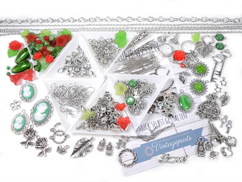 Set IRMA Anfängerset zum Silberschmuck basteln mit passendem Perlen- und Cabochonset in rot und grün