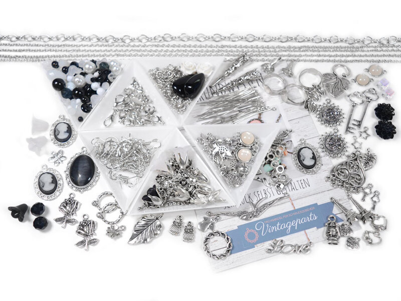 Set INKEN Anfängerset zum Silberschmuck basteln und Perlenset schwarz weiß, über 500 Teile