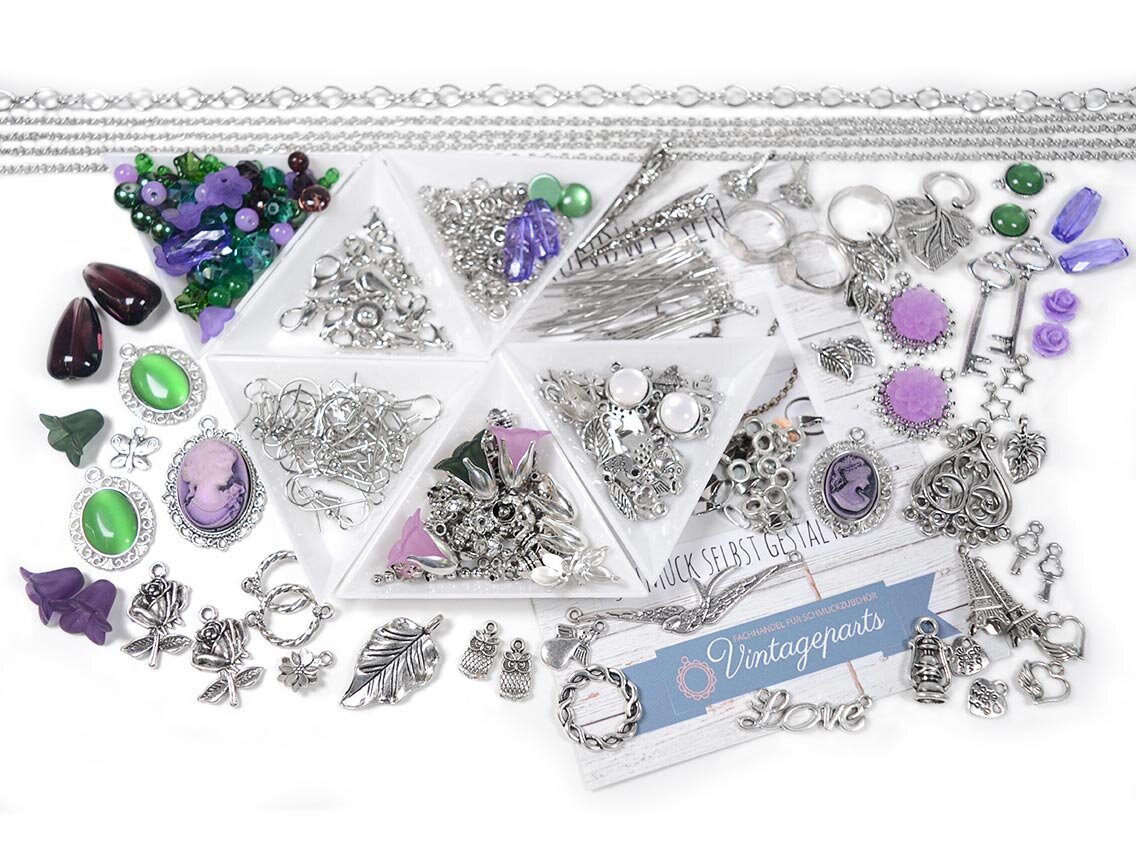 Set IWA Silberschmuck basteln und Perlenset Lila Grün, über 500 Teile