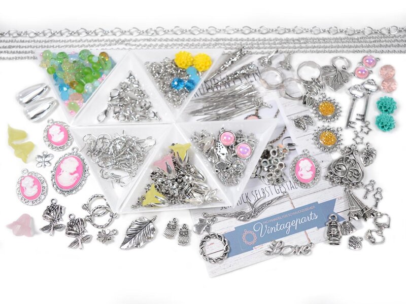 Set IVETT Anfängerset zum Silberschmuck basteln mit über 400 silberfarbenenTeilen + Perlenset Frühling mit 100 Teilen