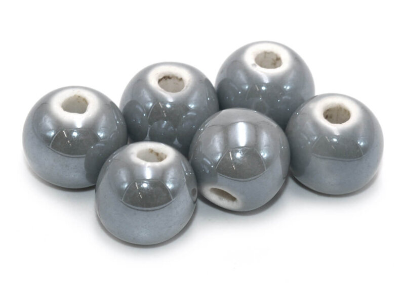 Handgemachte Porzellanperlen in grau 12 mm 6 Stück