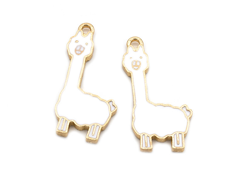 Anhänger als Alpaca in goldfarben mit weißer Emaille 2 Stück für DIY Schmuck