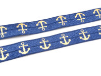 elastisches Faltband in blau mit goldfarbenen Ankern 1m