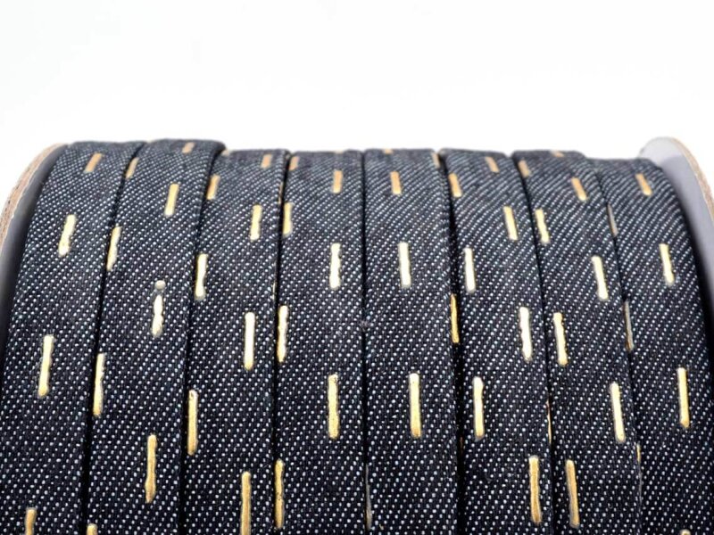 Band aus Jeansstoff in blauschwarz mit goldenen Streifen 1m