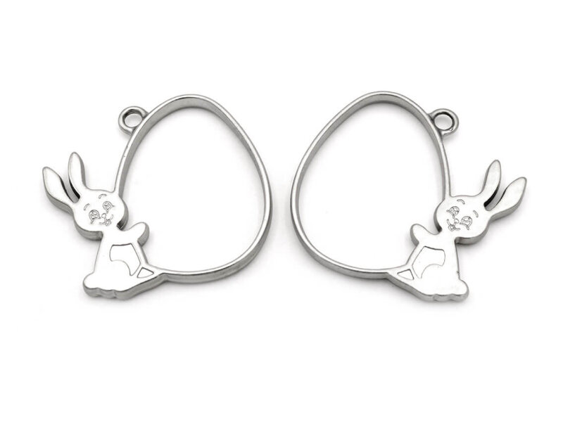 Hase mit Osterei als Lünette in platinfarben 2 Stück