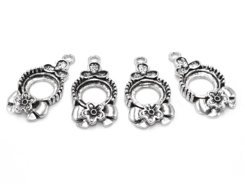Anhänger mit Blumen in antik silberfarben mit 11 mm Fassung 4 Stück