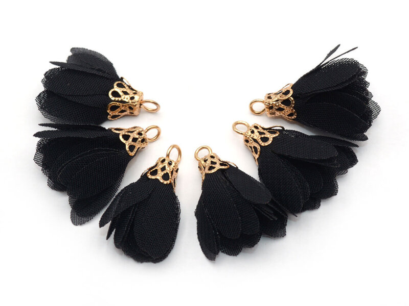 blumige Quasten aus Chiffon in schwarz und goldfarben 6 Stück
