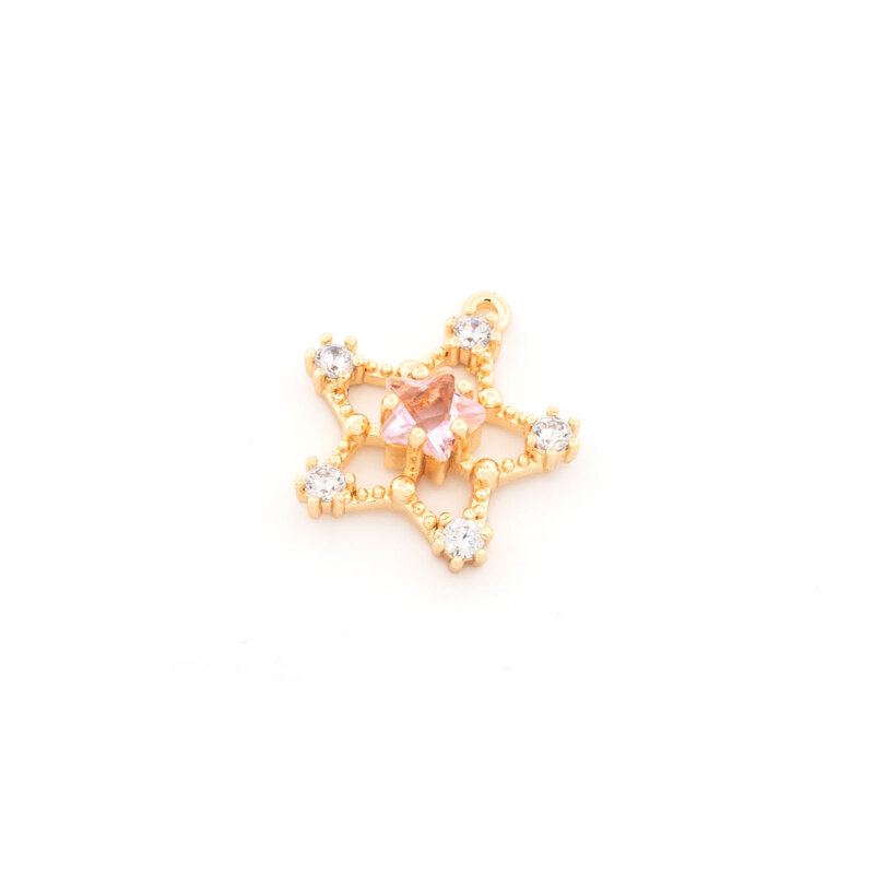 Anhänger als Stern aus Messing 16 mm 18k Gold beschichtet mit rosa Schmuckstein