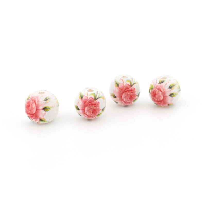 weiße Glasperlen mit Rosenmotiv 8 mm 4 Stück