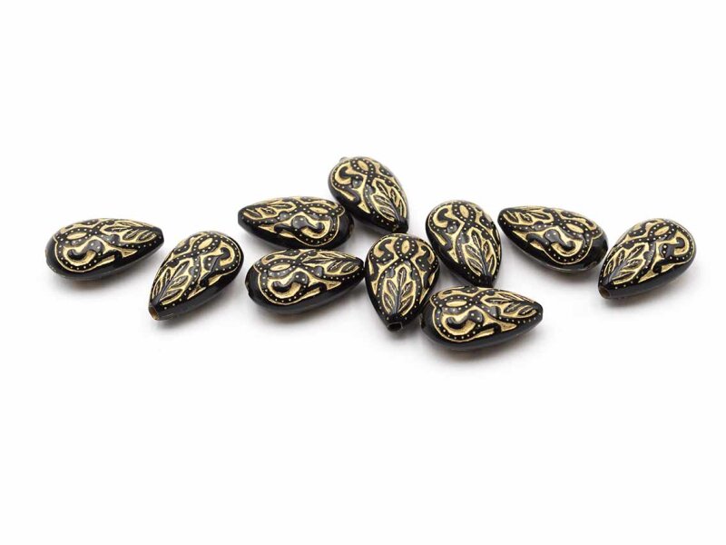 Acrylperlen als Tropfen in schwarz mit goldener Verzierung 18x13mm 10 Stück