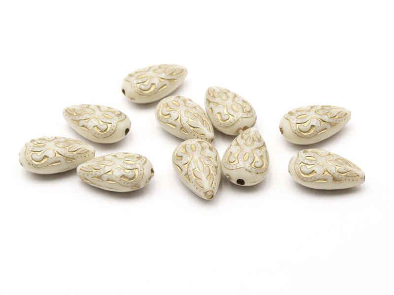 Acrylperlen als Tropfen in beige mit goldener Verzierung 18x13mm 10 Stück