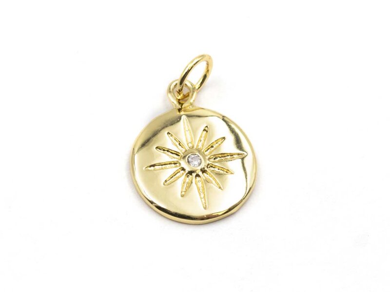 Anhänger als Plättchen mit Zirkonia und gravierter Sonne in goldfarben 12mm 1 Stück