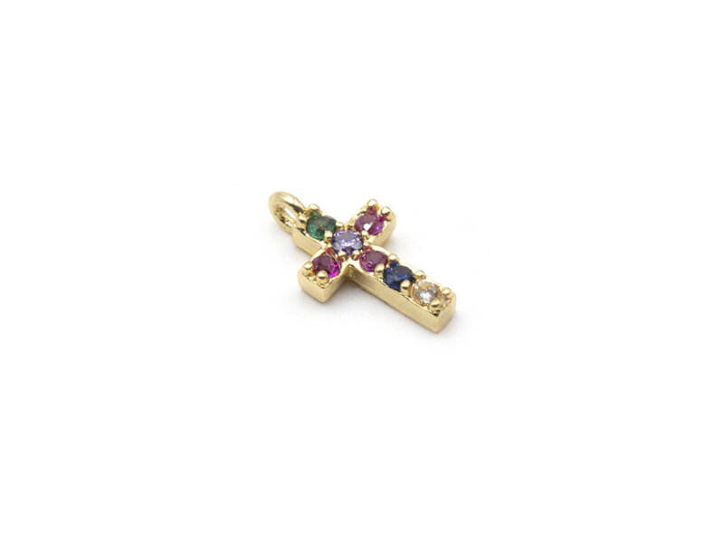 Anhänger Kreuz in goldfarben mit bunten Zirkonia 10mm 1 Stück