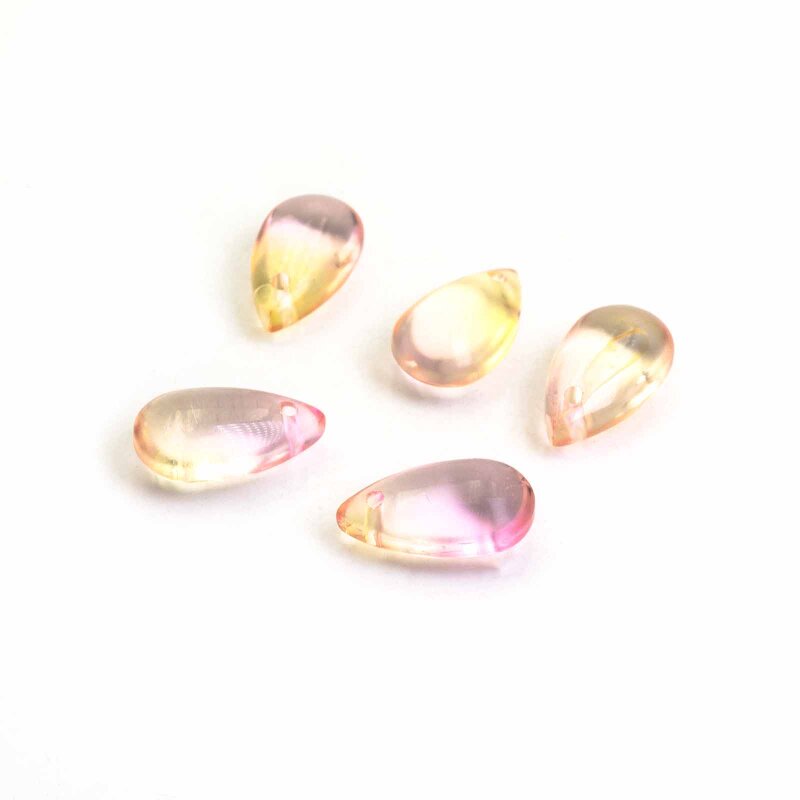 Glasanhänger als Tropfen Farbverlauf rosa gelb 8x14mm 5 Stück