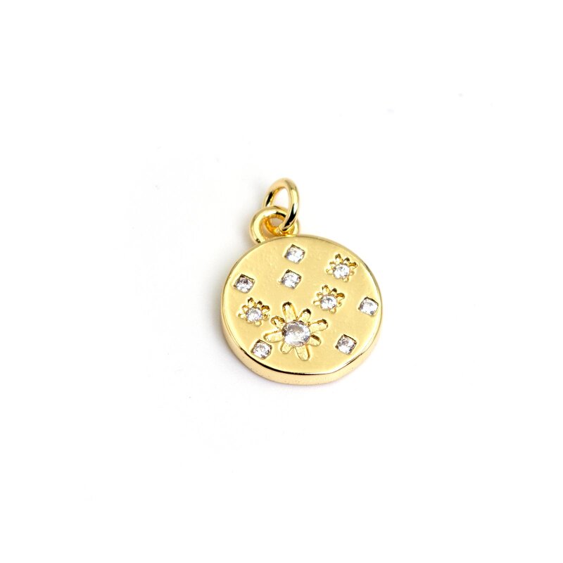 Anhänger Plättchen mit Zirkonia, Messing, Anlaufschutz (E-Coating), 14 mm, 1 Stück