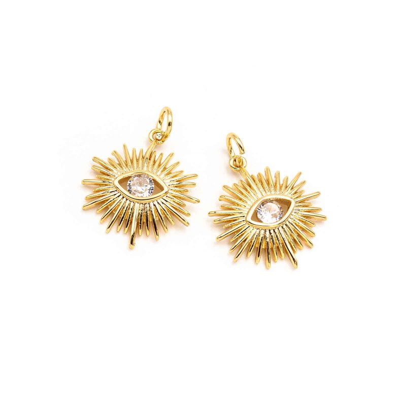 Sonnen-Anhänger mit Zirkonia, 18K Gold beschichtet, 18 mm, 2 Stück
