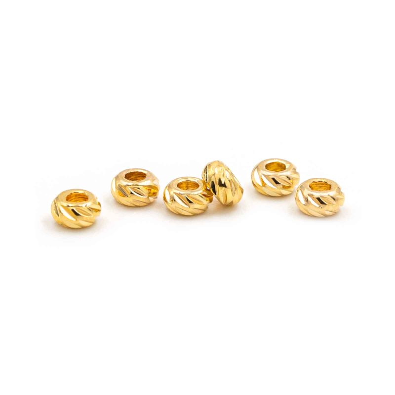 Verzierte Zwischenperlen aus Messing mit 18K Goldbeschichtung, geriffelt, 3x1,5 mm, 6 Stück