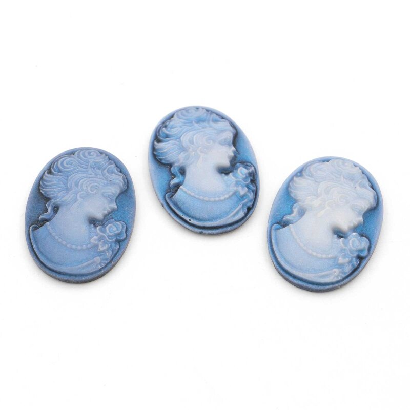 Resin-Kameen Cabochons Lady-Profil Blau-Weiß - 25 x 18 mm - 3 Stück