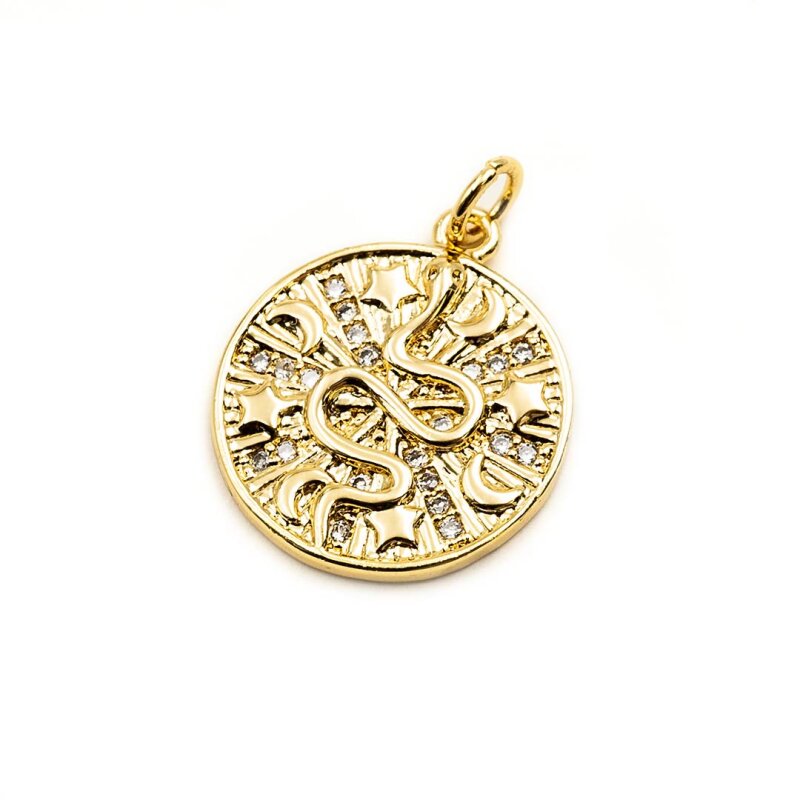 runder Anhänger mit Schlange und Schmucksteinen 18k Gold beschichtet 18mm 1 Stück
