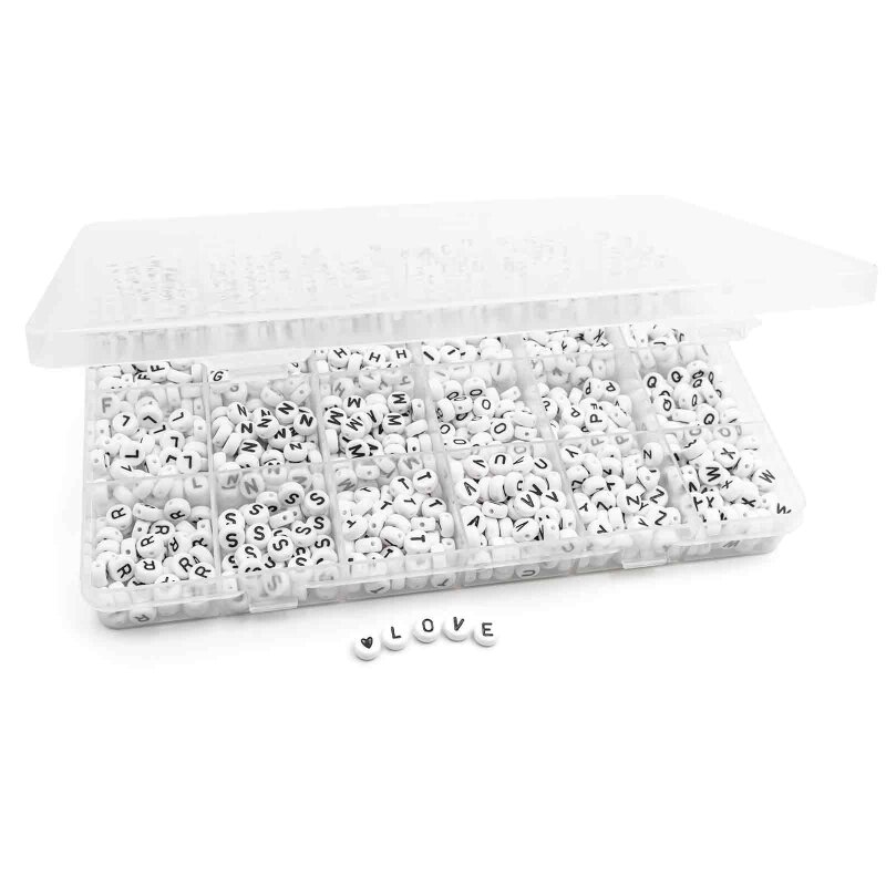 Buchstabenperlen Box Set Weiß Acryl 7 mm A-Z mit Herzperlen 28 Fächer inkl. elastischem Garn