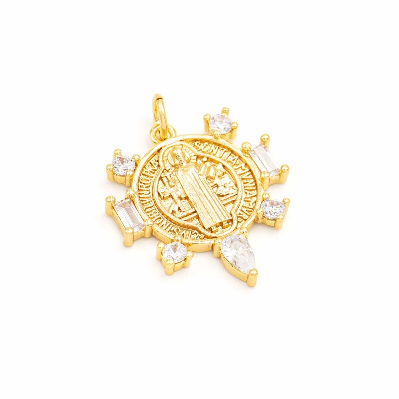 Anhänger Sankt Benedikt Messing mit Zirkonia 16k Gold beschichtet