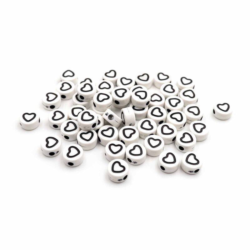 runde Acrylperlen in weiß mit schwarzen Herzen 7mm 50 Stück