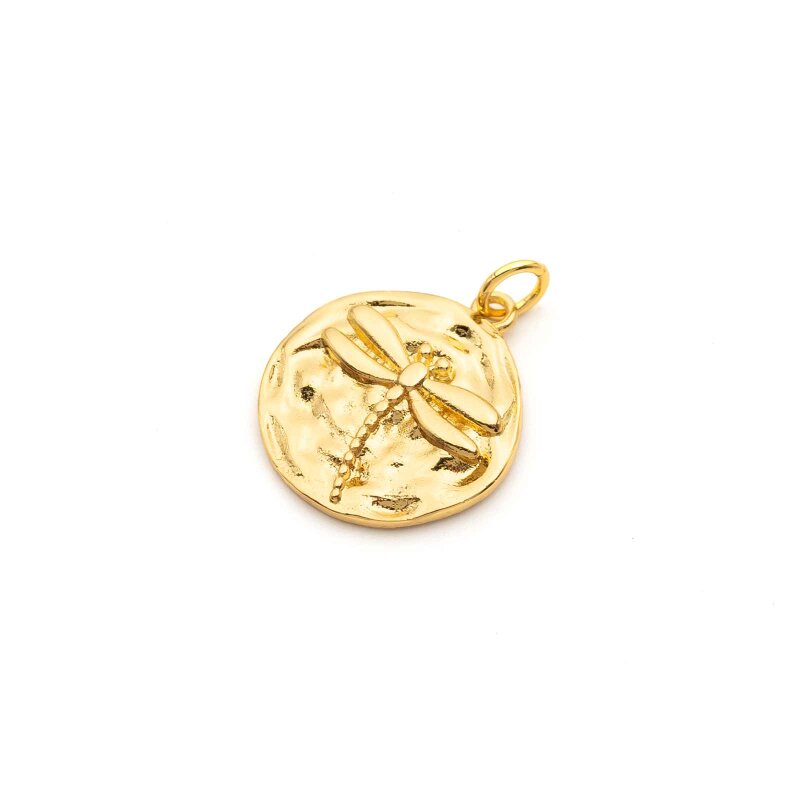 Anhänger Münze mit Libelle aus Messing mit 18k Gold Beschichtung 1 Stück