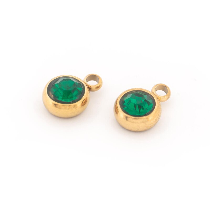 Anhänger mit Strassstein in Smaragdgrün aus Edelstahl, 18K PVD-Goldbeschichtung, 2 Stück