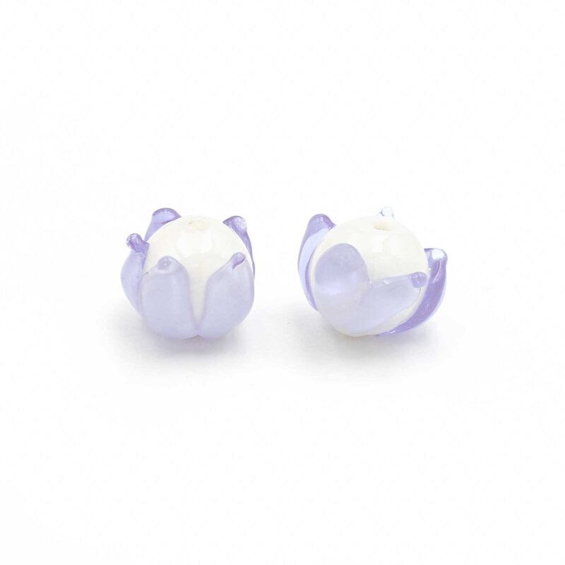 Lampworkperlen als Blume in weiß und flieder 12x10mm 2 Stück