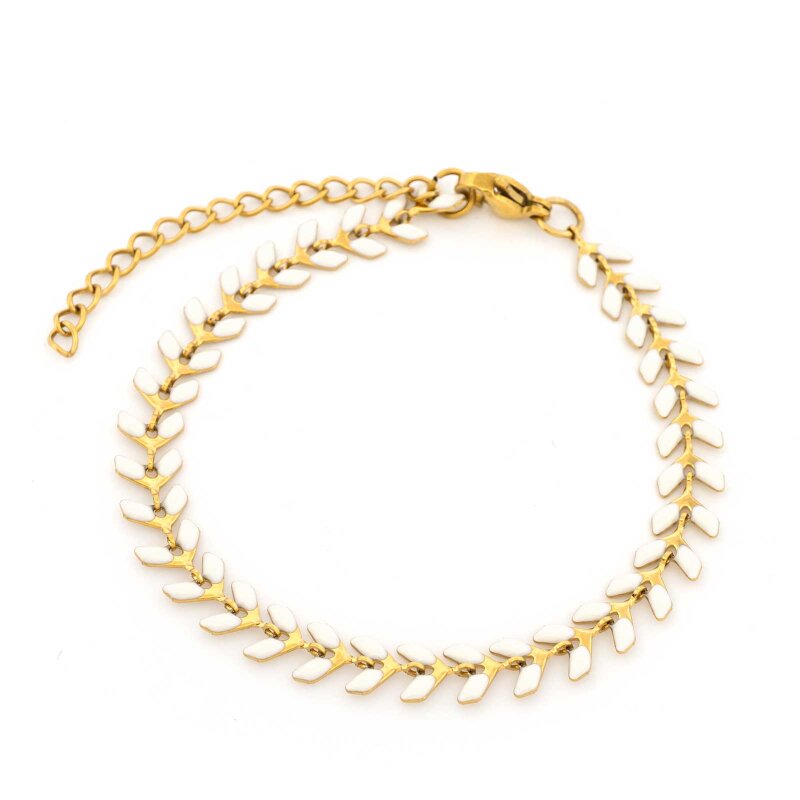 Armband aus 304 Edelstahl PVD vakuum goldbeschichtet mit weißer Emaille im Ähren-Design, 21 cm lang