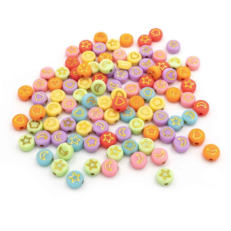 bunte Perlen aus Acryl mit goldfarbener Prägung 7 mm 100 Stück