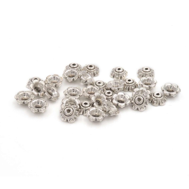 Perlkappen als Blume halbrund in antik silberfarben 6mm 30 Stück