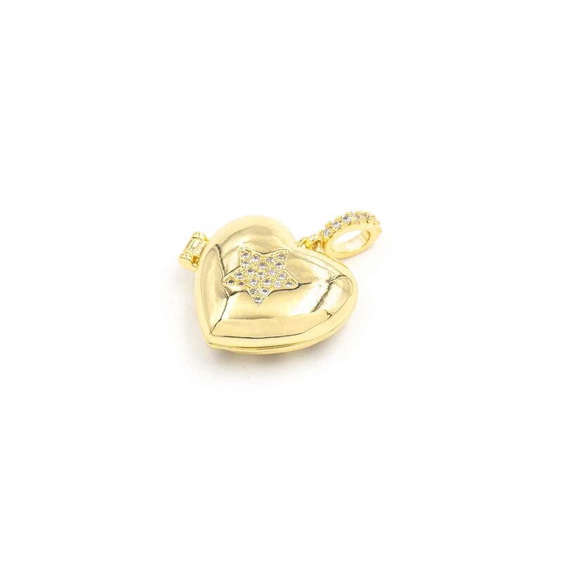 Medaillon Herz Messing mit Stern aus klaren Zirkonia, 18K Goldbeschichtung, 1 Stück