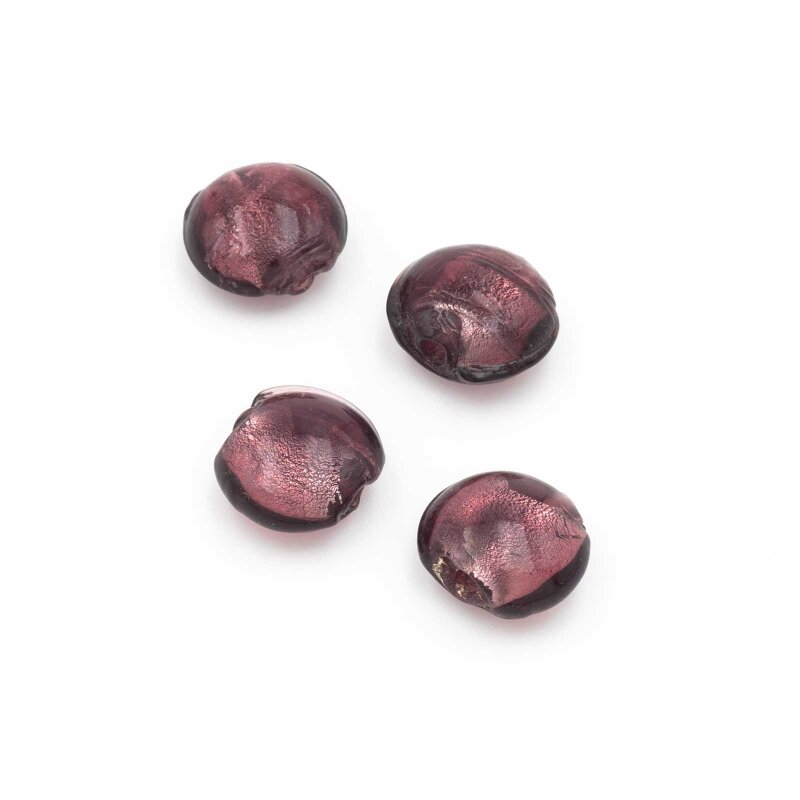 flache Lampwork Perlen in Aubergine mit Silberfolie 12mm 4 Stück