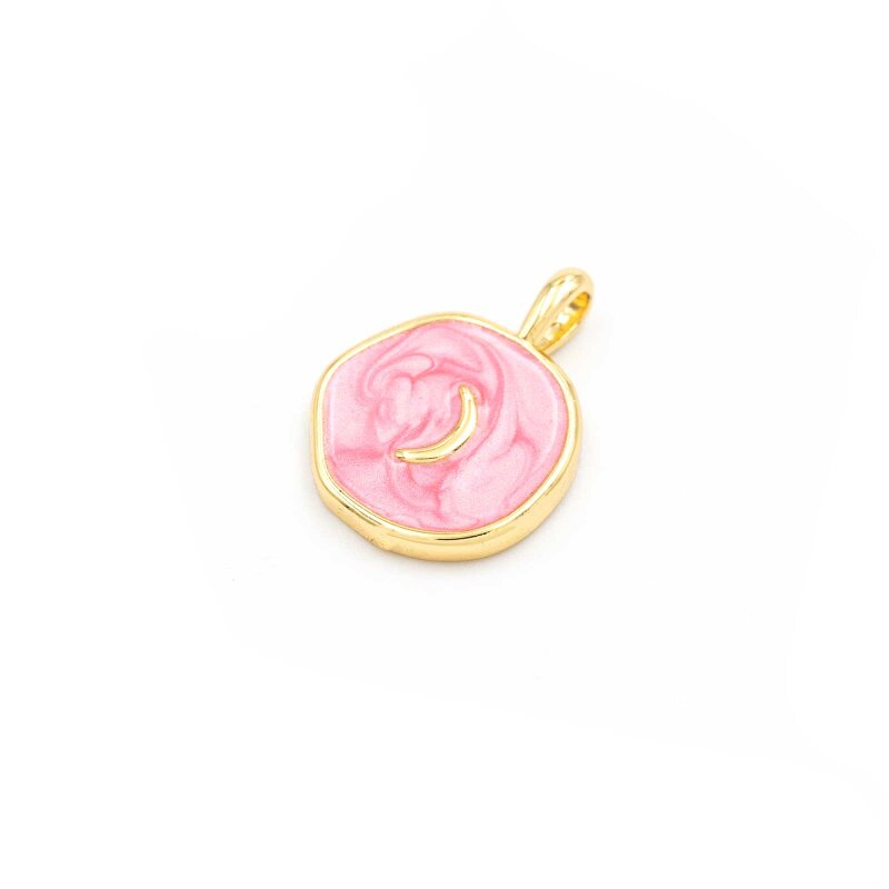 Anhänger mit rosa Emaille aus Messing in Goldfarben mit kleinem Mond 1 Stück