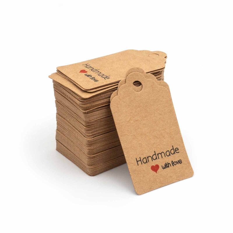 Etiketten mit Aufschrift "Handmade with love" in braun 50x30mm 100 Stück