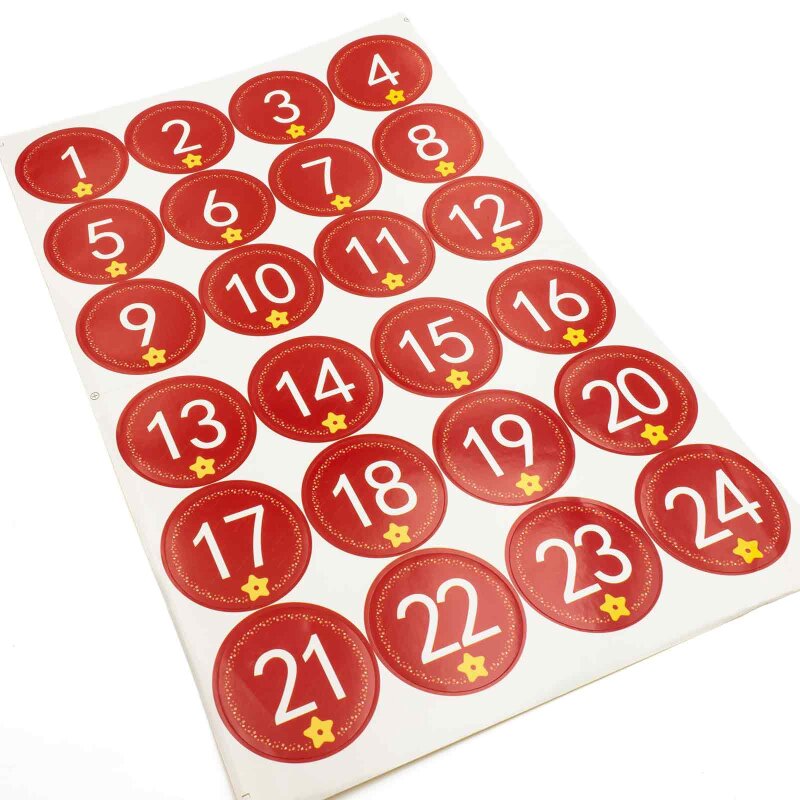 rote runde Sticker 1 bis 24 mit dezentem Motiv ein Bogen