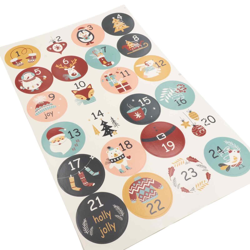 runde Sticker 1 bis 24 mit süßen Motiven ein Bogen für den Advent