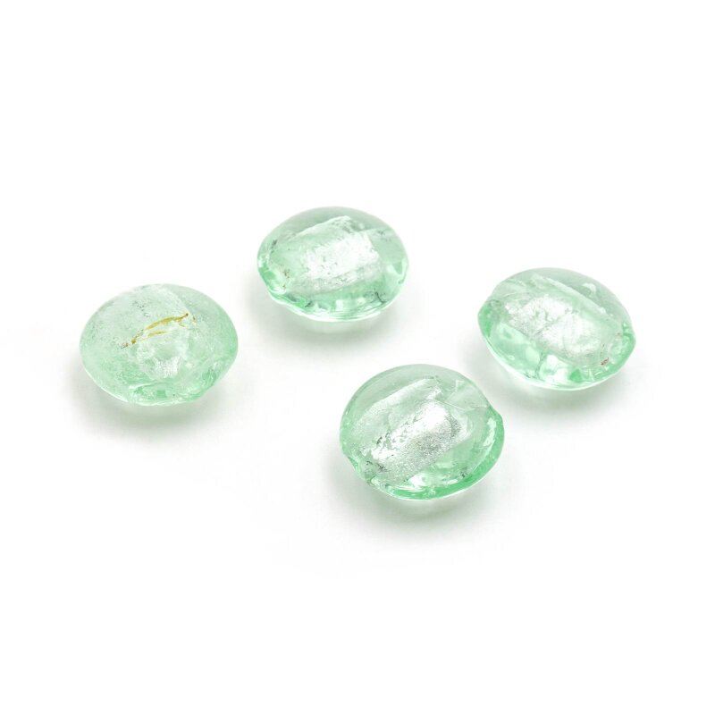 flache Lampworkperlen in hellgrün mit Silberfolie 12mm 4 Stück