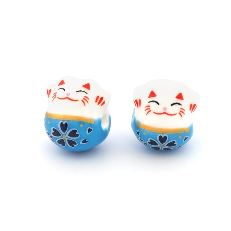 Porzellanperlen als Glückskatze in blauweiß 13mm 2 Stück