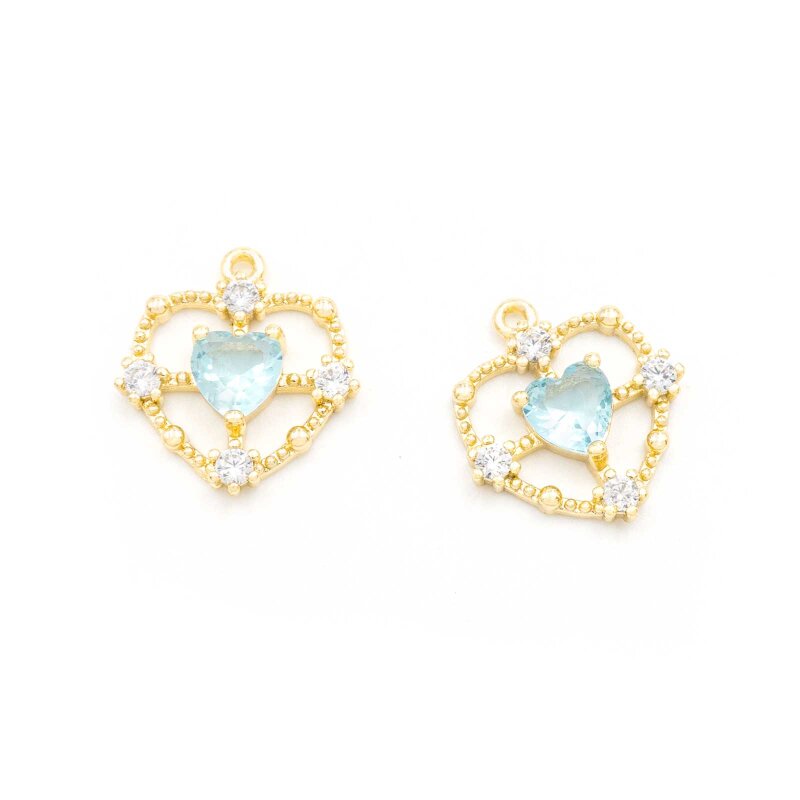 Herzanhänger in Goldfarben mit Strasssteinen in Hellblau und Weiß 14 x 13 mm 2 Stück