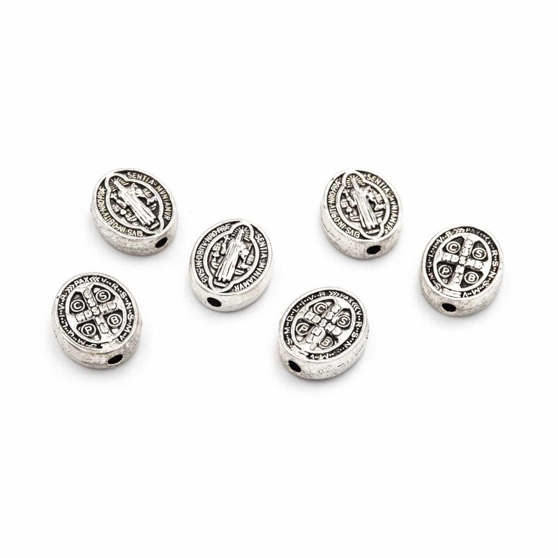 Ovale Perlen in antik silberfarben beschichtet mit Abbildung des St. Benedikt, 10x8mm, 6 Stück