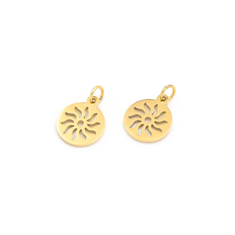 Edelstahl Anhänger als Plättchen mit Sonnensymbol mit PVD-Goldbeschichtung, 12 mm, 2 Stück