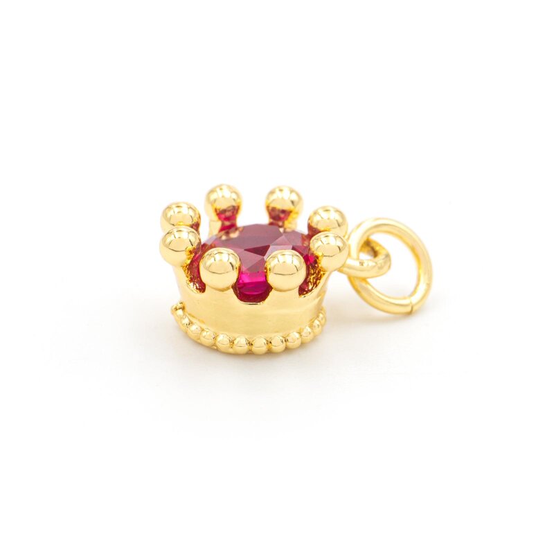 Kronenanhänger aus Messing mit 18k Goldbeschichtung mit magenta Zirkonia 12 mm